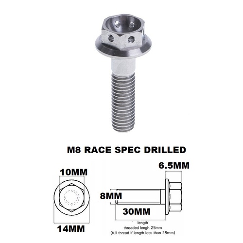 M8X30MM 1.25 THREAD PITCH TITANIUM RACE FLANGE 10MM HEX BOLT GR5