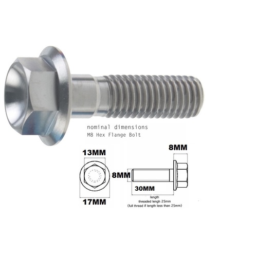 M8X30MM 1.25 THREAD PITCH TITANIUM FLANGE 13MM HEX BOLT GRADE 5