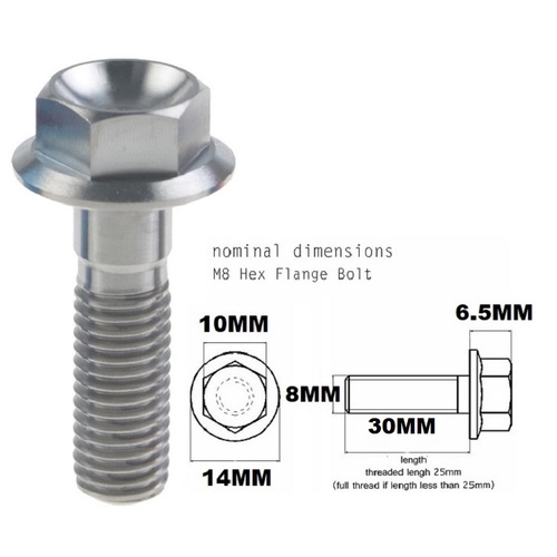 M8X30MM 1.25 THREAD PITCH TITANIUM FLANGE 10MM HEX BOLT GRADE 5