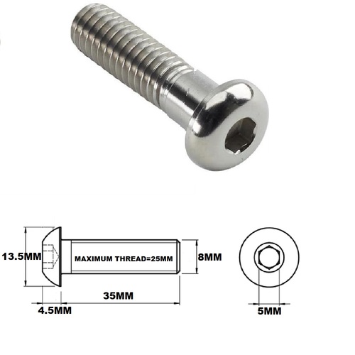 M8X35MM 1.25 THREAD PITCH TITANIUM BUTTON HEAD BOLT GRADE 5