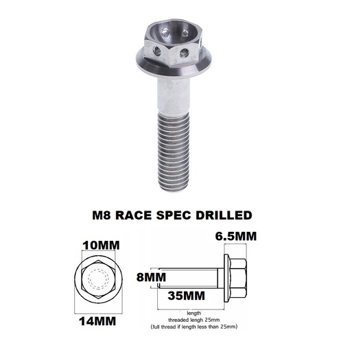 M8X35MM 1.25 THREAD PITCH TITANIUM RACE FLANGE 10MM HEX BOLT GR5