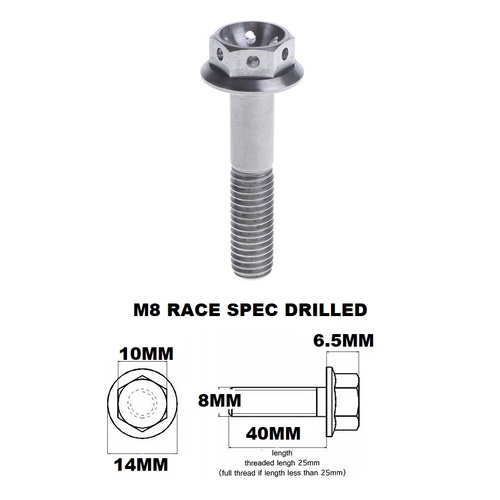 M8X40MM 1.25 THREAD PITCH TITANIUM RACE FLANGE 10MM HEX BOLT GR5