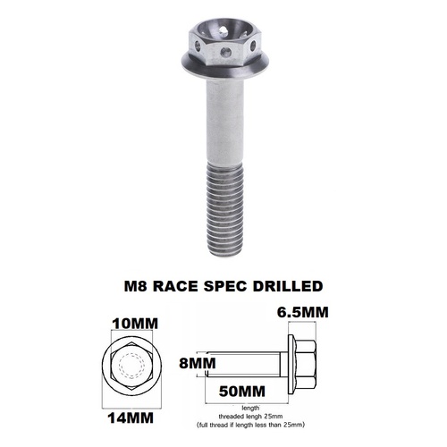 M8X50MM 1.25 THREAD PITCH TITANIUM RACE FLANGE 10MM HEX BOLT GR5