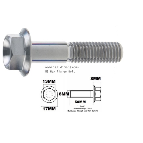 M8X50MM 1.25 THREAD PITCH TITANIUM FLANGE 13MM HEX BOLT GRADE 5