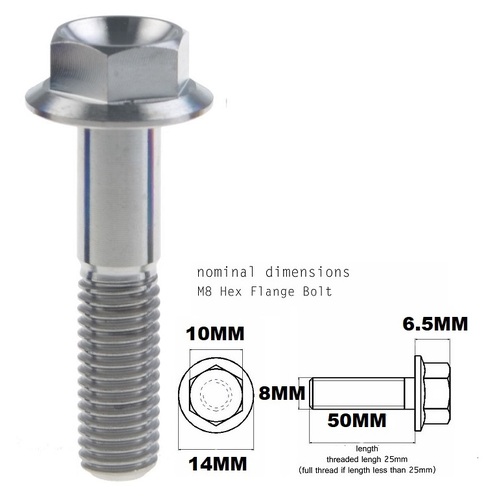 M8X50MM 1.25 THREAD PITCH TITANIUM FLANGE 10MM HEX BOLT GRADE 5