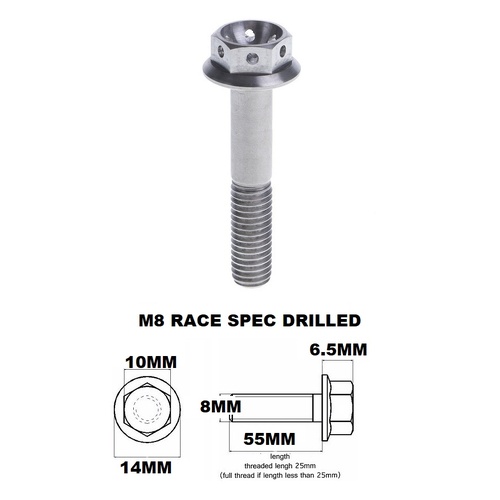 M8X55MM 1.25 THREAD PITCH TITANIUM RACE FLANGE 10MM HEX BOLT GR5