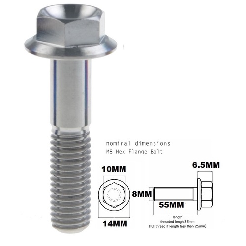 M8X55MM 1.25 THREAD PITCH TITANIUM FLANGE 10MM HEX BOLT GRADE 5