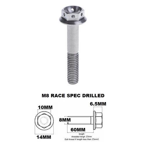 M8X60MM 1.25 THREAD PITCH TITANIUM RACE FLANGE 10MM HEX BOLT GR5