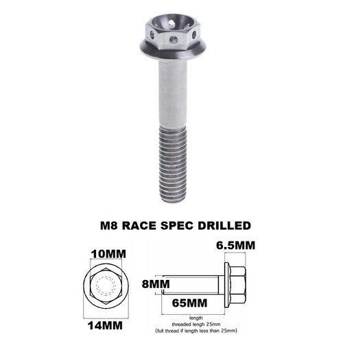 M8X65MM 1.25 THREAD PITCH TITANIUM RACE FLANGE 10MM HEX BOLT GR5