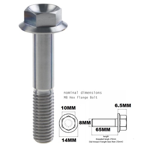 M8X65MM 1.25 THREAD PITCH TITANIUM FLANGE 10MM HEX BOLT GRADE 5