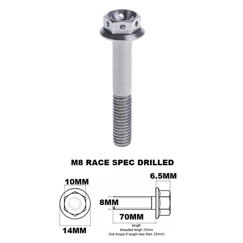M8X70MM 1.25 THREAD PITCH TITANIUM RACE FLANGE 10MM HEX BOLT GR5