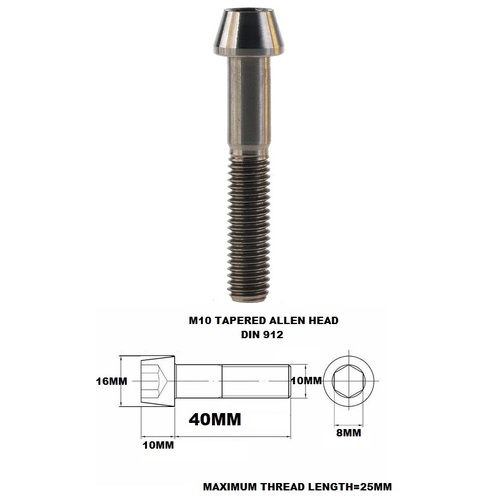 TITANIUM M10 X 40MM X 1.5 TAPERED ALLEN HEAD BOLT