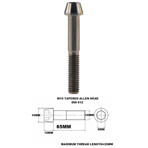 TITANIUM M10 X 65MM X 1.5 TAPERED ALLEN HEAD BOLT