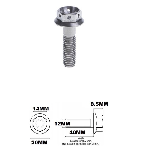 TITANIUM M12X1.25X40MM FLANGE HEX RACE SPEC DRILLED