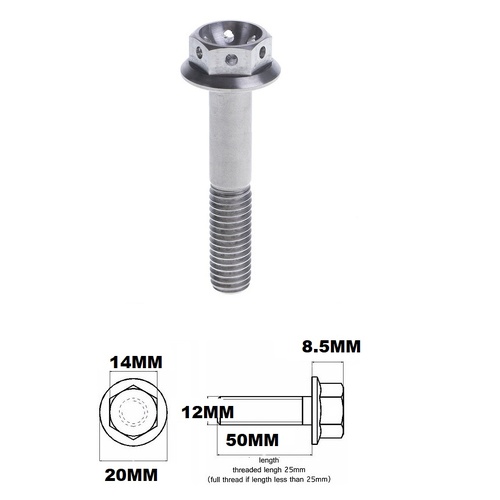 TITANIUM M12X1.25X50MM FLANGE HEX RACE SPEC DRILLED