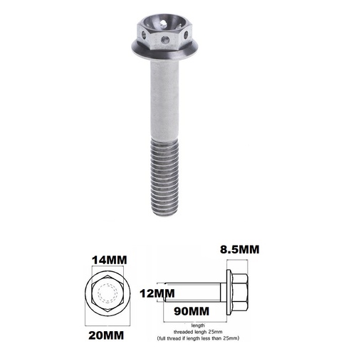 TITANIUM M12X1.25X90MM FLANGE HEX RACE SPEC DRILLED