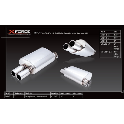 XForce 6 x 10in Oval Muffler - 2.5in Inlet Straight-Cut Twin Tip MP01-2.5