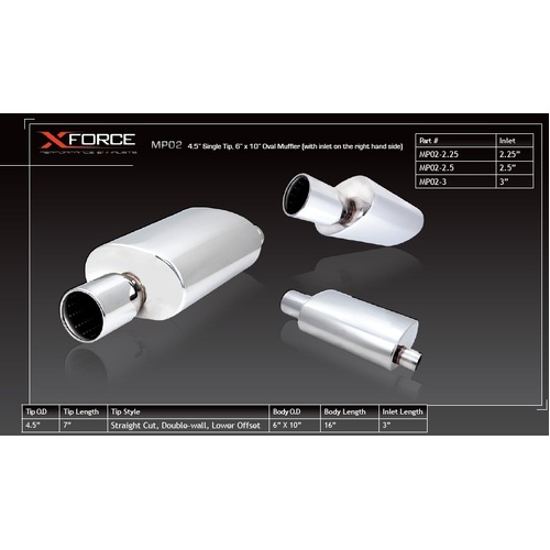 XForce Universal Oval Muffler - 3in Inlet/Straight-Cut Lower Offset 4.5in S.Tip