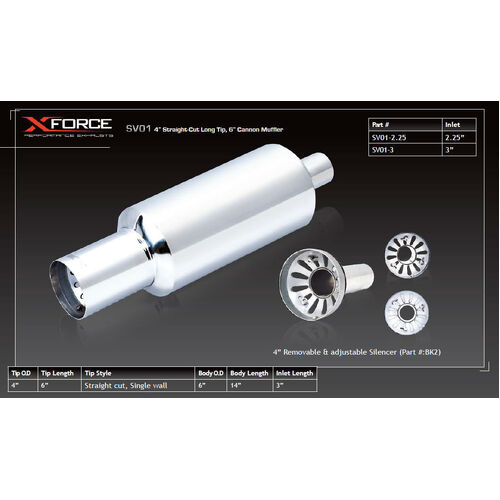 XForce 6in Cannon Muffler - 2.5in Inlet 4in Straight-Cut Long Tip
