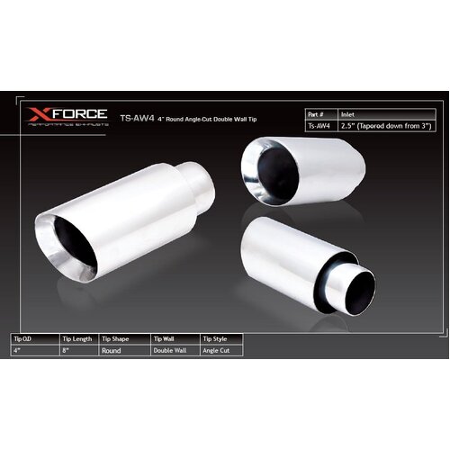 XForce 4" Round Double-Wall Angle-Cut Tip 3" Inlet,304 Stainless Steel