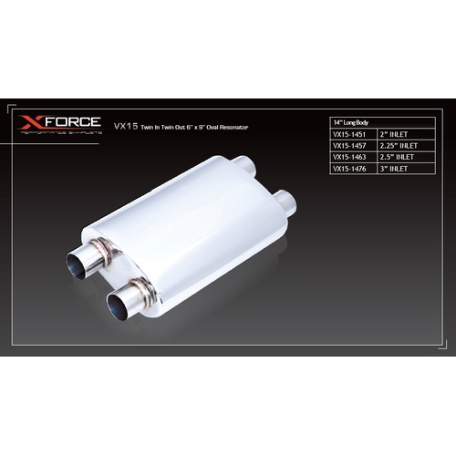 XForce Universal Muffler - 3in Inlet Twin in Twin out 6in x 9in Oval Resonator